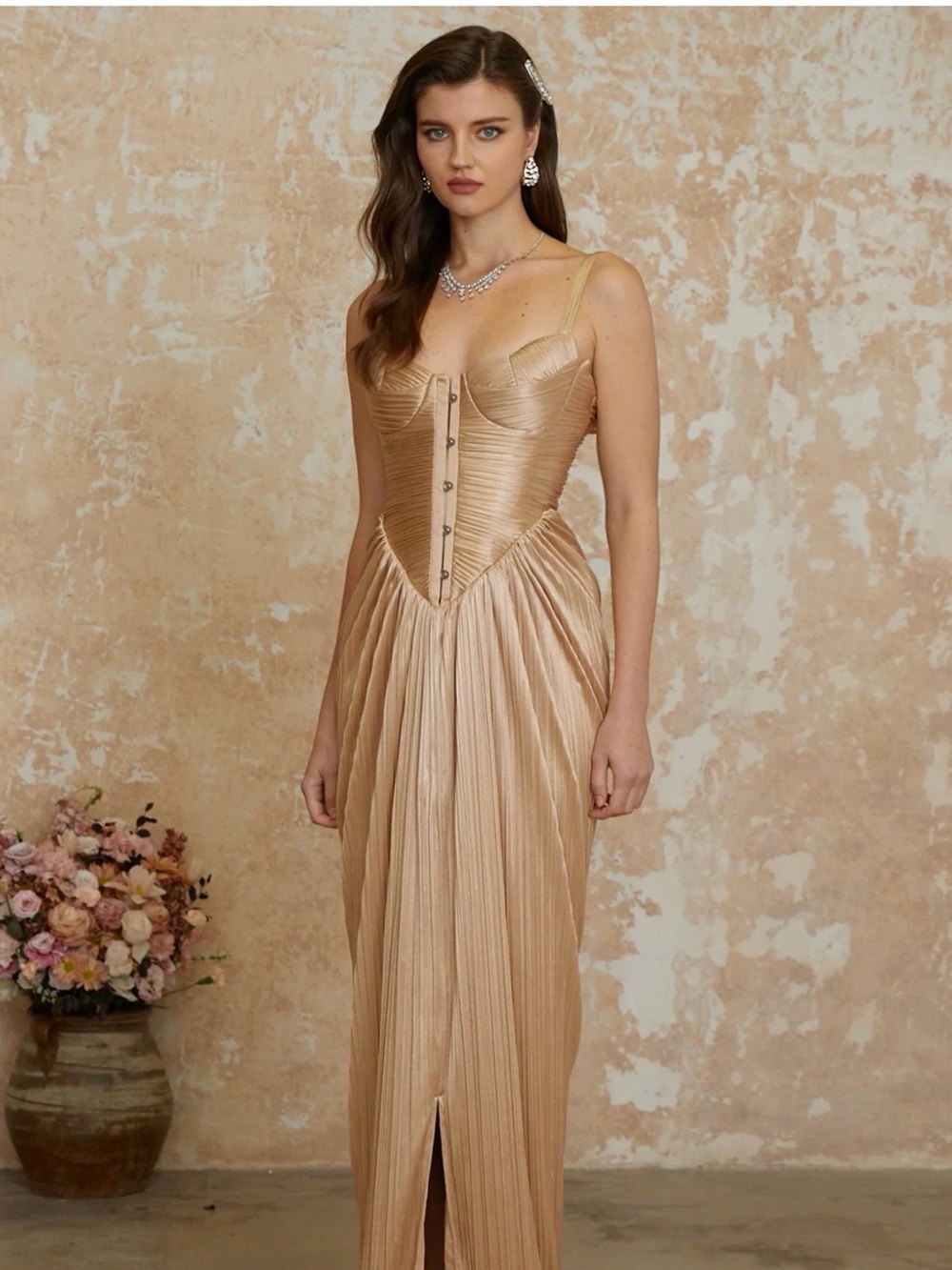 Pleated Satin Maxi Dress in Blush